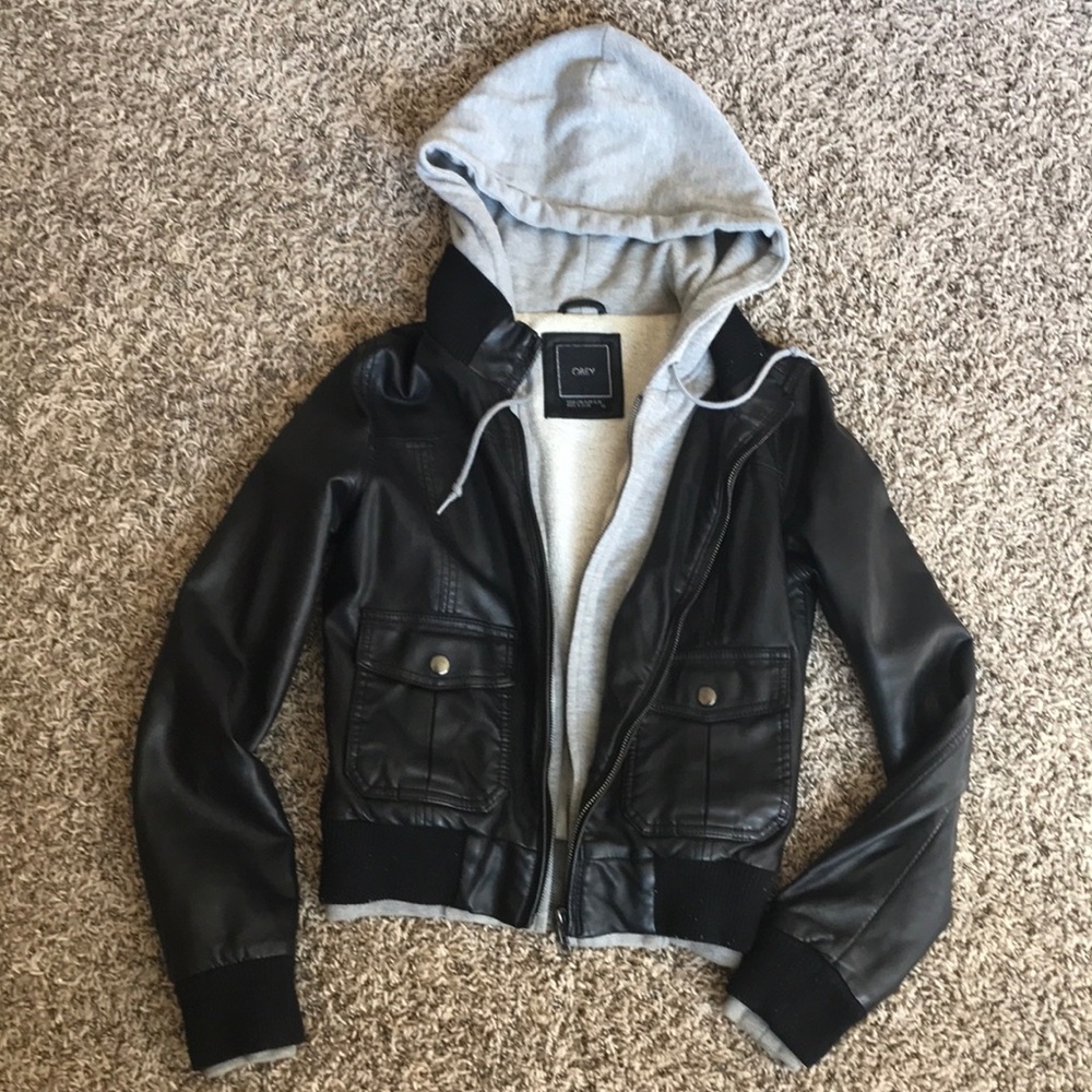 Obey leather coat with hoodie